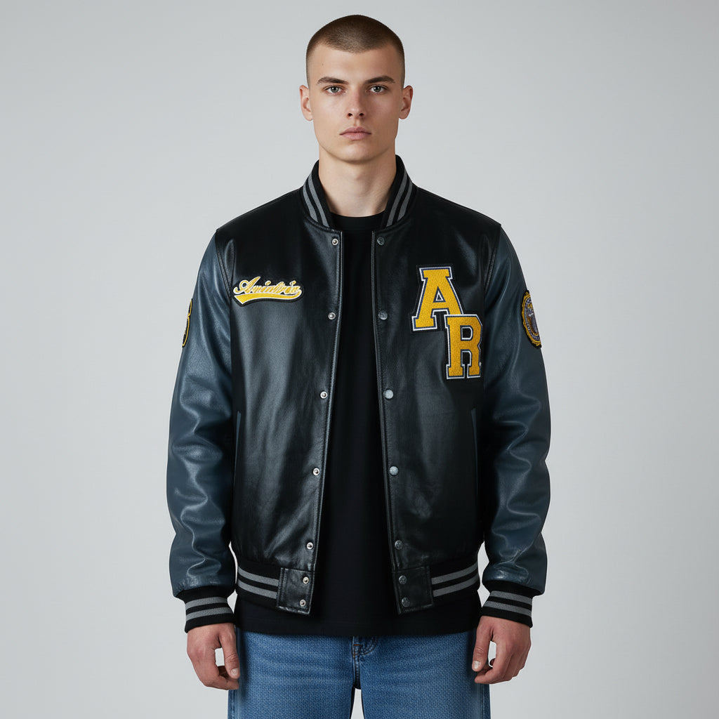 Aviatrix Leather College Varsity Jacket Black/Grey