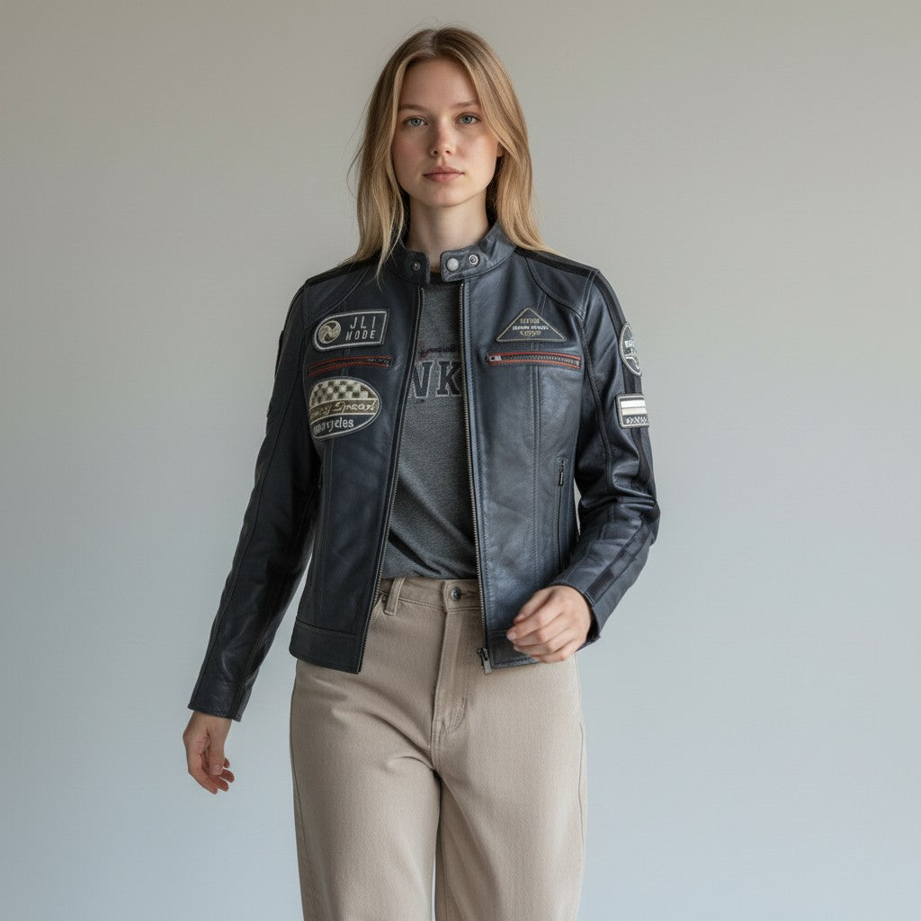 Aviatrix Racing Biker Jacket Charcoal Grey
