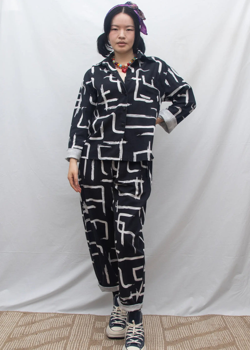 Organic Cotton & Linen Balloon Trousers - Galaxy Black & White