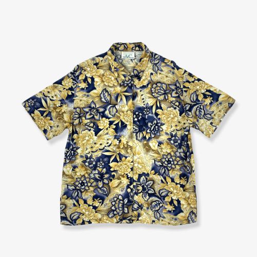 Vintage Floral Patterned Shirt Gold/Navy Blue Small