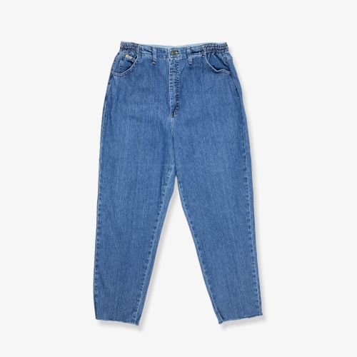 Vintage LEE Elastic Waist Raw Hem Tapered Mom Jeans Mid Blue W34 L30