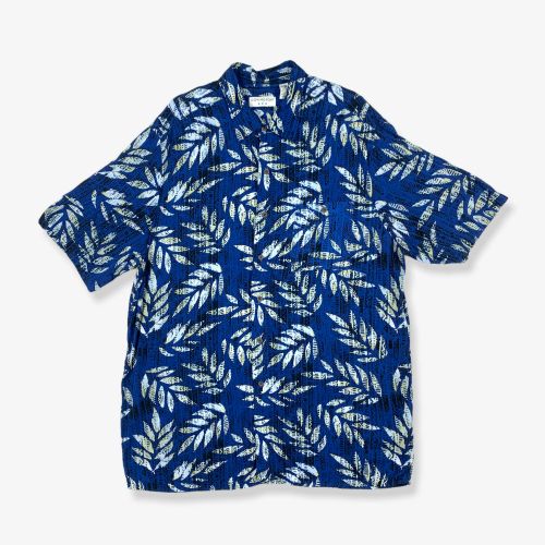 Vintage Leaf Patterned Hawaiian Shirt Royal Blue XL