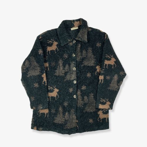 Vintage Deer Patterned Teddy Fleece Jacket Charcoal/Brown Large