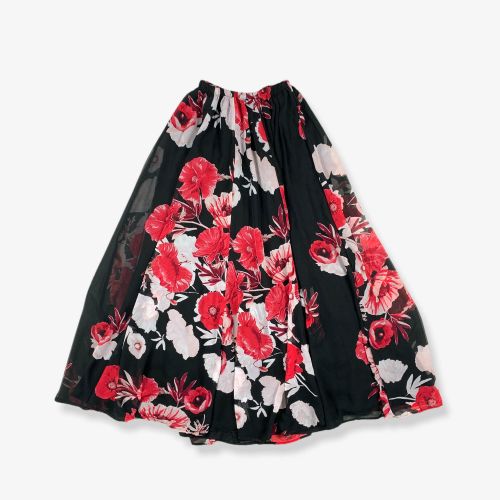 Vintage Floral Patterned Midi Skirt Black/Pink XS