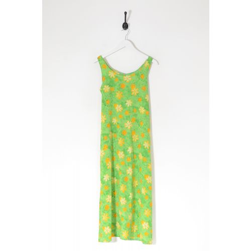 Vintage Floral Summer Maxi Dress Lime Green Medium