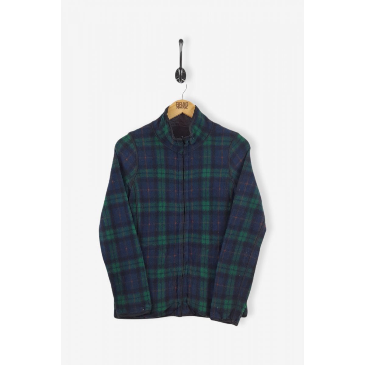 Vintage Check Pattern Fleece Jacket Navy & Green XS