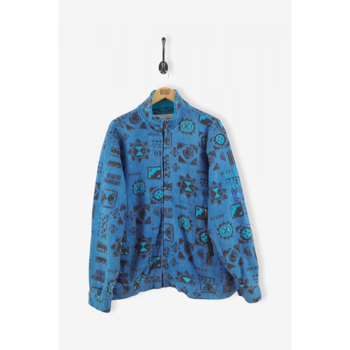 Vintage Pattern Zip Fleece Jacket Azure Blue XL