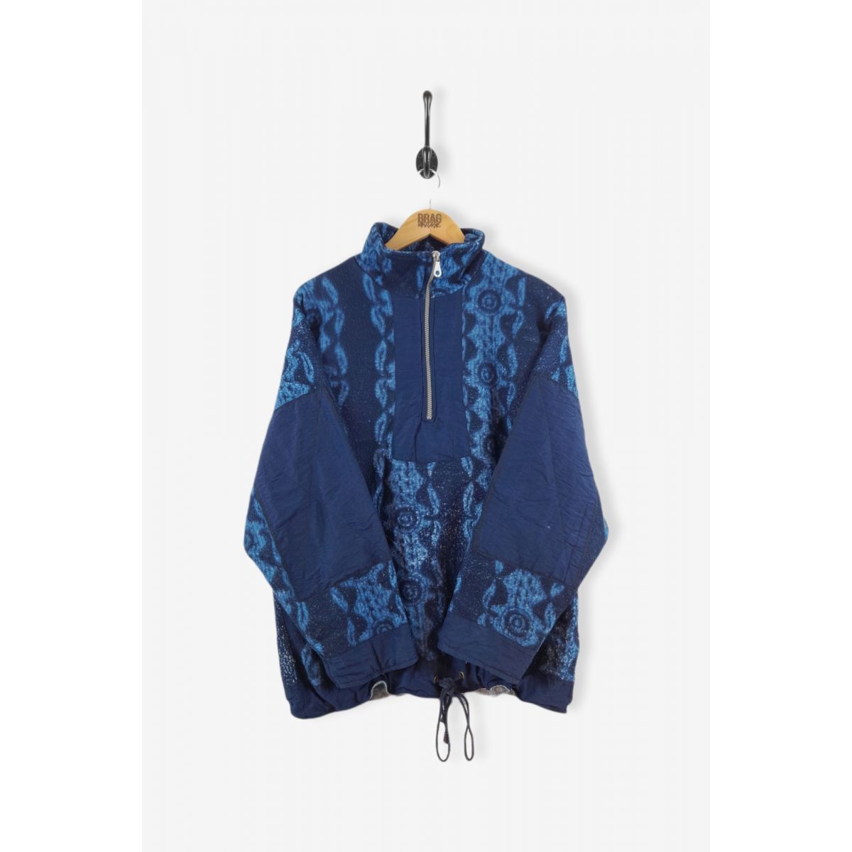 Vintage Oversized Pattern 1/4 Zip Pullover Fleece Jacket Navy Blue Medium