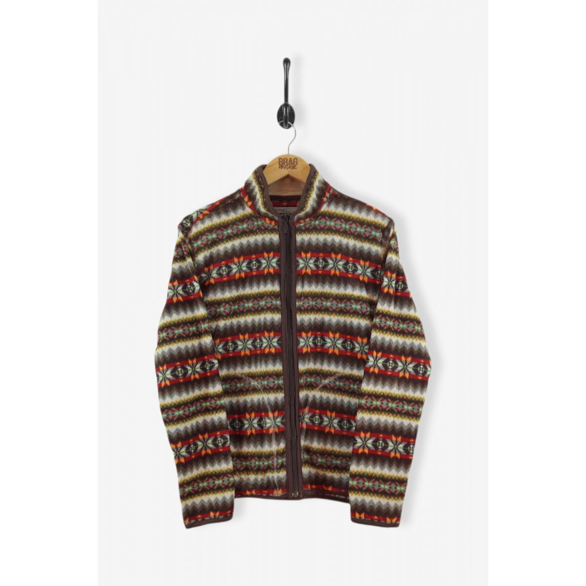 Vintage Pattern Thin Fleece Jacket Khaki Brown Medium