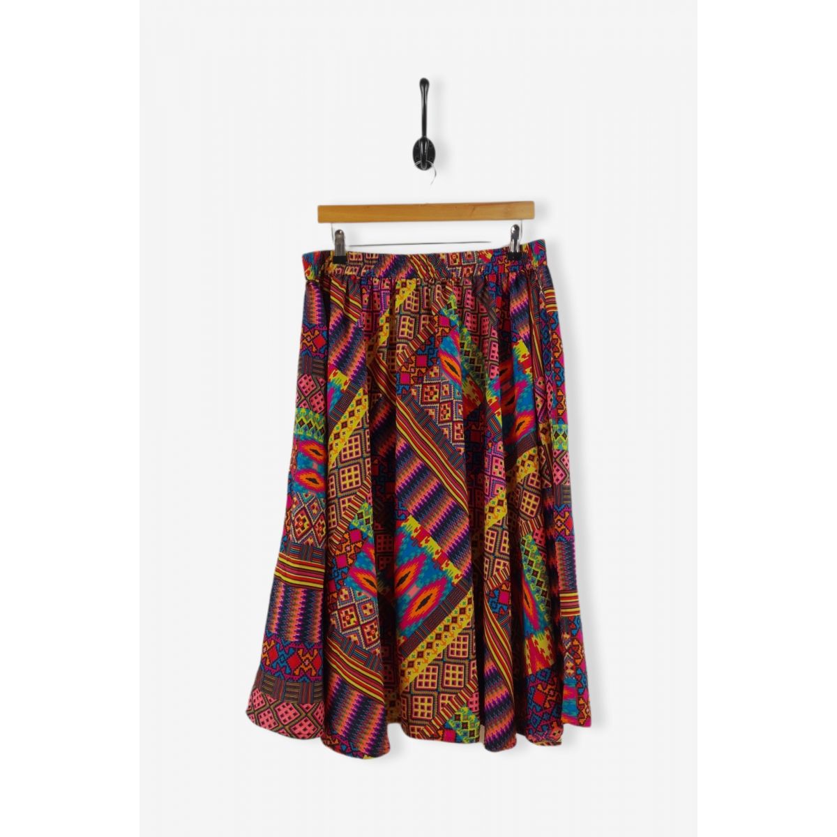 Vintage Boho Hippie-Style Patterned Midi Skirt Neon Rainbow Large