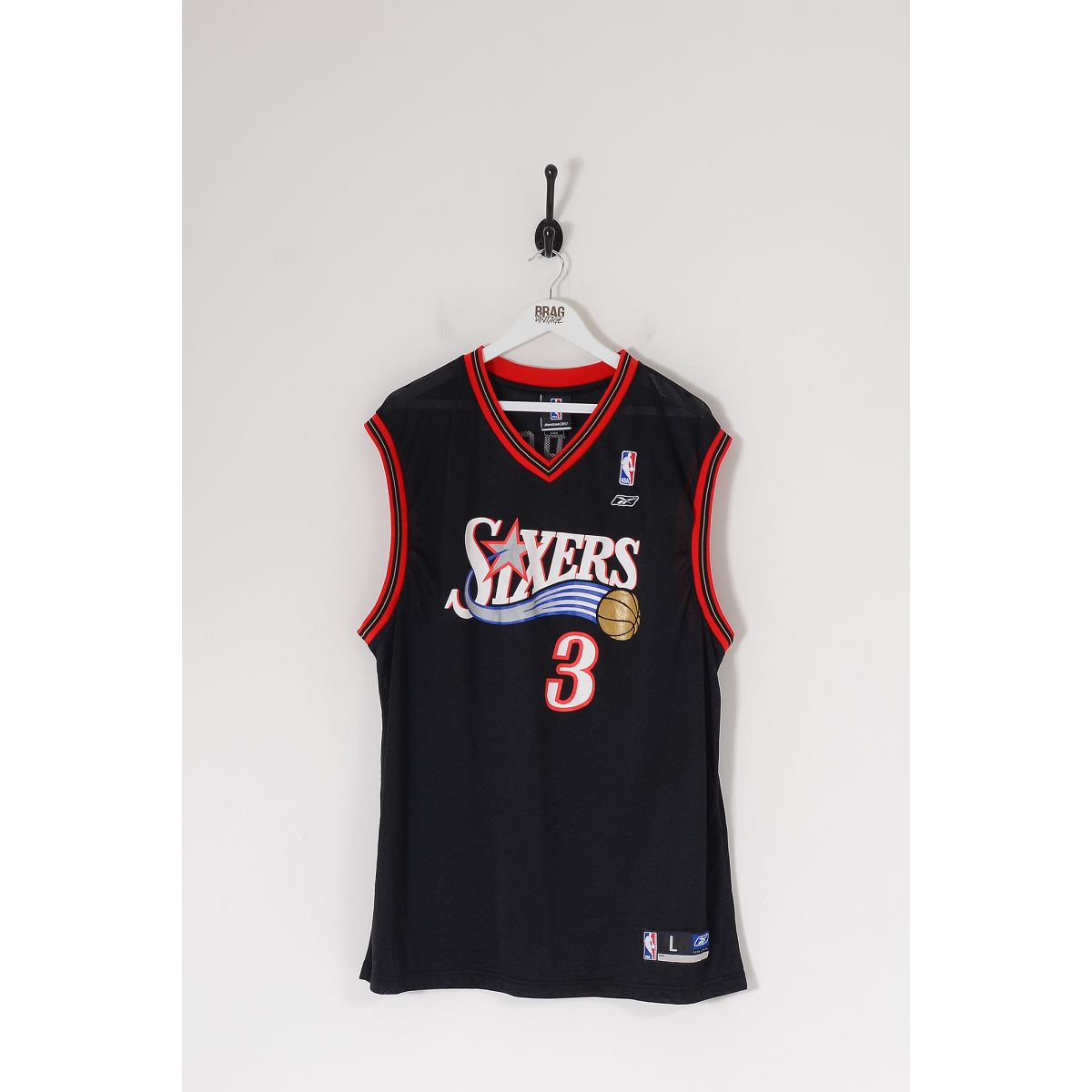 Vintage REEBOK NBA Philadelphia 76ers Iverson Basketball Sports Vest Black Large
