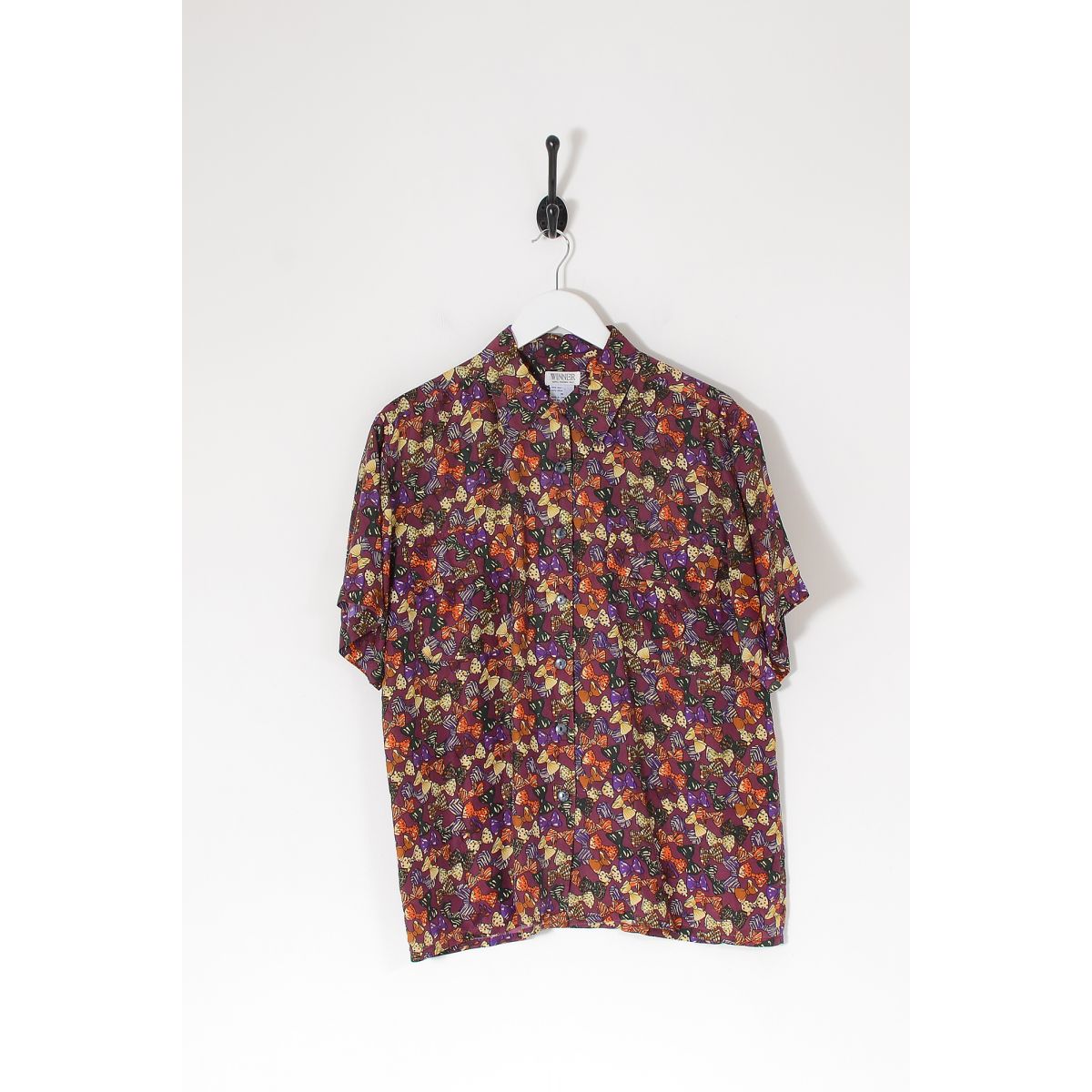Vintage BowTie Pattern Silk Shirt Burgundy Medium