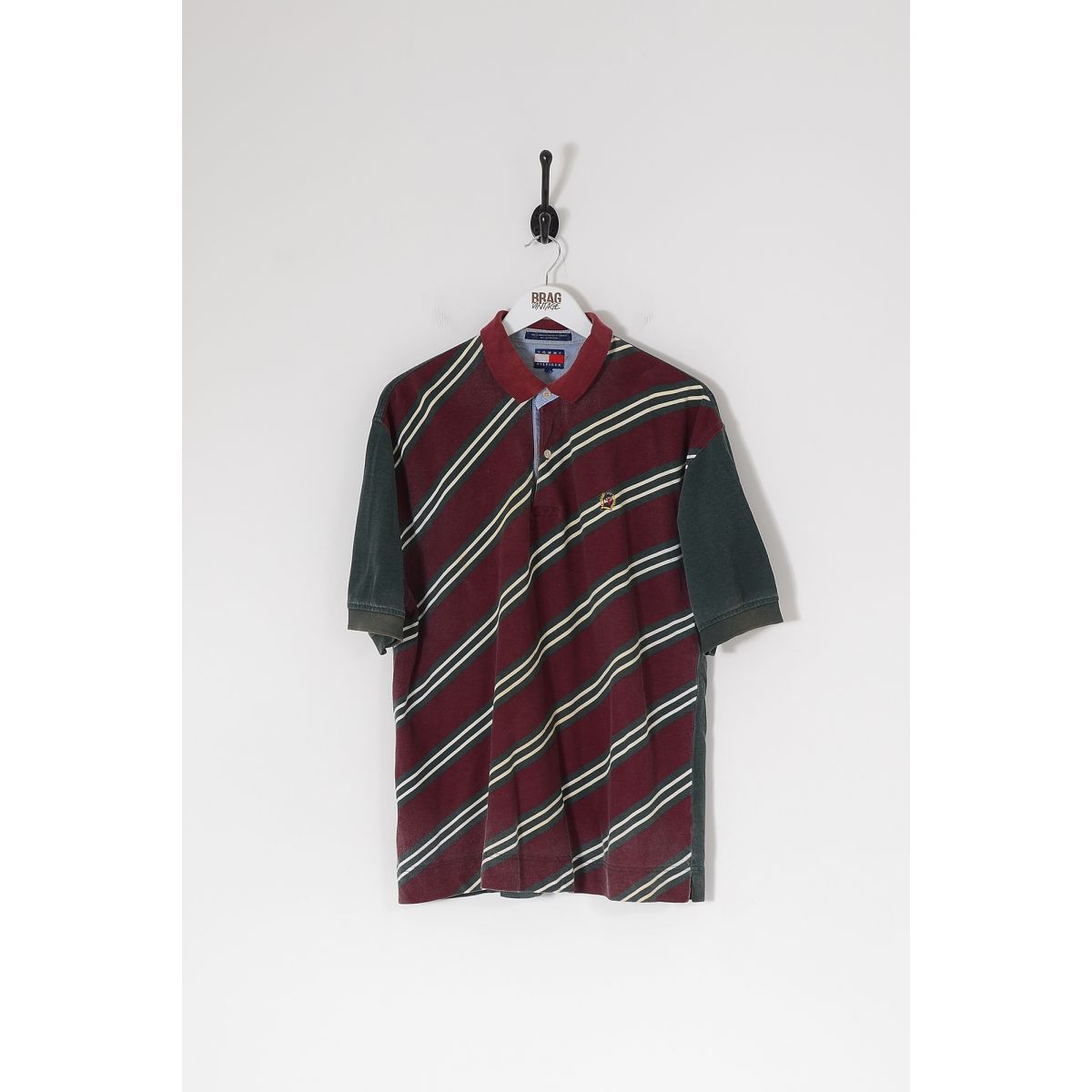 Vintage TOMMY HILFIGER Striped Polo Shirt Burgundy & Green Large