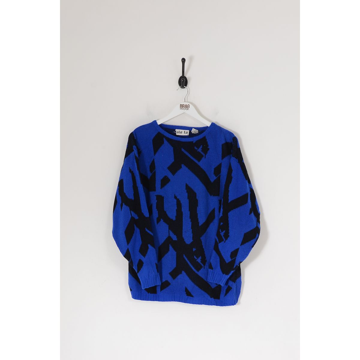 Vintage 80s Via l.a Pattern Knit Jumper Royal Blue XL