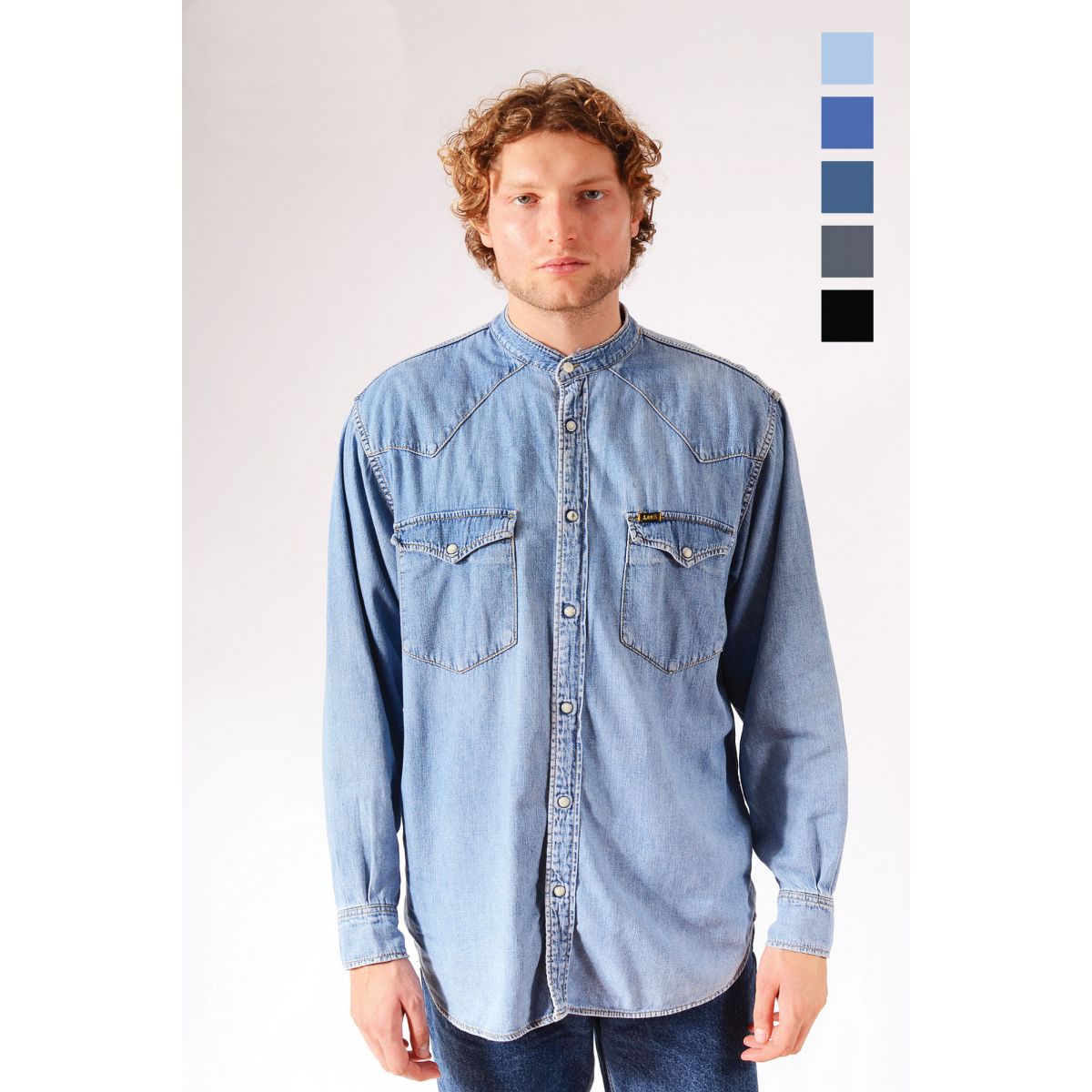 Classic Men's Long Sleeve Grandad Collar Shirt, Denim-Look Blue | Simon  Jersey
